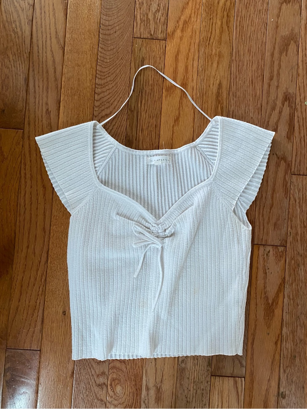 La Hearts White Ribbed Tie-Front Cap Sleeve Top
